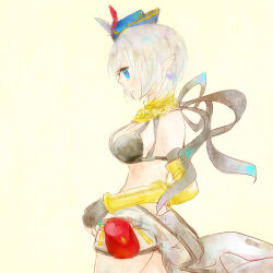  armor bicorne bikini bikini_top_only black_bikini black_gloves blue_eyes blue_hat breasts cleavage commentary_request cowboy_shot dormir_(challco) elbow_gloves female fingerless_gloves from_side gloves grey_hair grey_jumpsuit hat jumpsuit jumpsuit_around_waist mechanic_(ragnarok_online) medium_breasts open_mouth pointy_ears ragnarok_online short_hair simple_background solo swimsuit vambraces yellow_armor yellow_background 