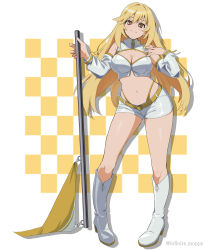  bare_shoulders belt blonde_hair boots breasts brown_eyes checkered_background cleavage commentary_request detached_sleeves female full_body grey_background hands_up high_heel_boots high_heels highres holding holding_pole infinite_moppy knee_boots large_breasts long_hair looking_at_viewer micro_shorts navel official_alternate_costume panty_straps partial_commentary pole race_flag race_queen revision shokuhou_misaki short_shorts shorts simple_background smile solo sparkling_eyes stomach toaru_kagaku_no_mental_out toaru_kagaku_no_railgun toaru_majutsu_no_index two-tone_background very_long_hair white_background white_boots white_shorts white_sleeves yellow_belt zipper_pull_tab zipper_top 