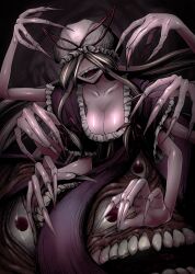  blonde_hair breasts cleavage commentary_request dress extra_arms female fingernails frilled_hat frilled_sleeves frills hair_over_eyes hat hat_ribbon highres horror_(theme) large_breasts long_hair mob_cap morph426 open_mouth pink_dress red_ribbon ribbon sharp_fingernails sharp_teeth short_sleeves smile solo teeth touhou very_long_hair white_hat wide_sleeves yakumo_yukari 