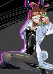  agnes_tachyon_(umamusume) ahoge animal_ears black_bow black_bowtie black_leotard black_pantyhose bow bowtie breasts brown_hair cleavage coat commentary_request female fishnet_pantyhose fishnets hair_between_eyes high_heels highres holding holding_test_tube horse_girl huge_ahoge lab_coat leotard long_sleeves medium_breasts medium_hair morimoru413 open_mouth pantyhose playboy_bunny rabbit_ears rabbit_tail red_eyes sleeves_past_fingers sleeves_past_wrists smile solo tail teeth test_tube umamusume white_coat 