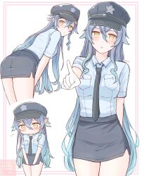  absurdres alternate_costume arm_behind_back black_necktie black_skirt blue_hair breast_pocket breasts brown_eyes chibi commentary cowboy_shot cropped_legs female from_behind genshin_impact gloves hair_between_eyes hat highres layla_(genshin_impact) long_hair looking_at_viewer looking_back medium_breasts mekechu3 microskirt multiple_views necktie pocket pointing pointing_at_viewer pointy_ears police police_hat police_uniform policewoman side_slit skirt solo turning_head white_background white_gloves 