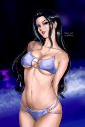  arms_behind_back bikini black_hair blue_eyes breasts commentary covered_nipples cowboy_shot female highres instagram_username long_hair looking_at_viewer midriff navel nico_robin o-ring one_piece sidelocks smile solo stupidtako swimsuit 