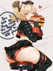  ass black_panties black_skirt black_thighhighs blonde_hair blush burger burnice_white closed_eyes cropped_jacket eating english_text eyewear_on_head female food food_on_thigh heart highres holding holding_burger holding_food long_sleeves medium_hair microskirt midriff myotaron panties shorts shorts_under_skirt skirt solo thighhighs underwear zenless_zone_zero 