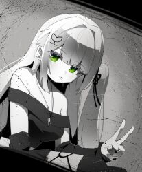  :p arm_warmers bare_shoulders blunt_bangs breasts butterfly_hair_ornament cleavage commentary detached_sleeves dutch_angle female green_eyes greyscale hair_intakes hair_ornament hair_ribbon highres isegye_idol jewelry korean_commentary long_hair looking_at_viewer medium_breasts monochrome necklace off-shoulder_shirt off_shoulder ohun one_side_up ribbon shirt sidelocks sitting solo spot_color thighhighs tongue tongue_out v viichan viichan_(newnewviichan) virtual_youtuber waktaverse 