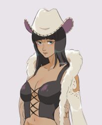  absurdres artist_name black_hair blue_eyes breasts cleavage coat commentary cowboy_western crop_top cross-laced_clothes cross-laced_top eiriseth eyelashes female hat highres looking_at_viewer medium_hair nico_robin one_piece simple_background solo upper_body white_coat white_hat 