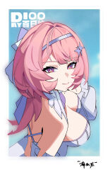  absurdres asa_uri_sa blue_sky border breasts chinese_commentary commentary_request downblouse dress female from_above highres large_breasts looking_at_viewer medium_hair pink_hair purple_eyes remielle_dan sky smile solo white_border white_dress zenless_zone_zero 