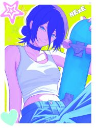  chainsaw_man character_name choker commentary denim female green_eyes hair_between_eyes head_tilt heart highres jeans mccheese midriff navel pants purple_hair reze_(chainsaw_man) short_hair skateboard smile star_(symbol) tank_top upper_body 