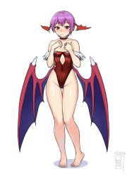  absurdres artist_logo artist_name barefoot black_choker breasts choker collarbone commentary covered_navel darkstalkers expressionless female full_body fur-trimmed_leotard fur_trim groin head_wings highleg highleg_leotard highres leotard lilith_(darkstalkers) logo looking_at_viewer low_wings petite purple_hair red_eyes red_leotard short_hair small_breasts solo standing thigh_gap watcher_hollow wings 