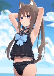  :q absurdres animal_ears bikini black_bikini black_sailor_collar blue_eyes blue_sky blurry blurry_background brown_hair cat_ears cat_girl cat_tail cloud commentary_request day female hair_ornament hairclip highres hinata_(hinnyata) long_hair looking_at_viewer ocean original outdoors sailor_collar sky solo swimsuit tail tongue tongue_out twintails 