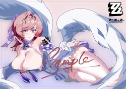  absurdres bare_shoulders breasts cleavage commentary_request copyright_logo detached_sleeves dress female grey_background highres large_breasts logo looking_at_viewer lying medium_hair on_side pink_hair purple_eyes remielle_dan sample_watermark short_dress simple_background smile solo southwindnine thighhighs thighs watermark white_dress white_thighhighs white_wings wings zenless_zone_zero 