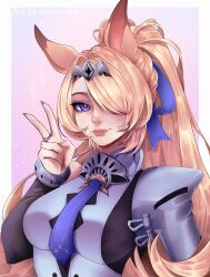  animal_ears blonde_hair blue_necktie breasts bridal_gauntlets closed_mouth commentary female hair_over_one_eye hairband high_ponytail highres horse_ears horse_girl large_breasts layered_sideboob long_hair metal_hairband mormeha necktie pink_background ponytail purple_eyes sigrid_de_l'azur single_bare_shoulder single_bridal_gauntlet solo upper_body v zenless_zone_zero 