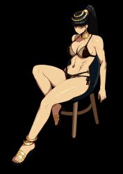  absurdres anklet bikini black_background black_bikini black_hair breasts commentary dc_(makezzal) female full_body glaring highres jewelry large_breasts long_hair looking_at_viewer navel navel_piercing on_stool original partially_shaded_face piercing ponytail red_eyes simple_background sitting smile solo stomach stool swimsuit untranslatable_commentary 
