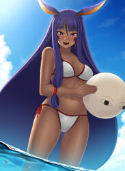  animal_ears ball bare_shoulders beachball bikini blush breasts chuppa_(katotsuba) cleavage commentary_request dark-skinned_female dark_skin earrings facepaint facial_mark fate/grand_order fate_(series) female holding holding_ball holding_beachball hoop_earrings jackal_ears jewelry long_hair looking_at_viewer medium_breasts medjed_(fate) navel nitocris_(fate) open_mouth purple_eyes purple_hair red_trim sidelocks smile solo swimsuit thighs very_long_hair white_bikini 