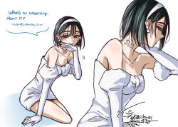  alien_stage bare_shoulders bilingual_text black_hair breasts commentary_request dress earrings elbow_gloves english_text female gloves hairband hand_on_own_neck hand_to_own_mouth highres jewelry jikasei mixed-language_text neck_tattoo pencil_dress purple_eyes short_dress short_hair signature sitting small_breasts solo strapless strapless_dress sua_(alien_stage) tattoo white_dress white_gloves white_hairband 