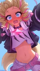  absurdres belt black_collar black_jacket blonde_hair blue_background blue_eyes blush breasts collar collarbone commentary cowgirl_position crop_top dog_tail english_commentary fangs female headphones headphones_around_neck highres hololive hololive_english jacket jewelry lukari mococo_abyssgard multicolored_hair navel open_mouth pendant pink_belt pink_hair pull_cord shorts simple_background small_breasts solo stomach surprised tail tank_top twitter_username unzipped virtual_youtuber white_shorts wide-eyed 