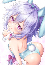  animal_ears ass blue_leotard blush braid breasts commentary eima_mcykt fake_tail female highres kami_jigen_game_neptune_v leotard looking_at_viewer neptune_(series) open_mouth pink_eyes playboy_bunny purple_eyes purple_hair pururut rabbit_ears rabbit_tail sideboob simple_background solo strapless strapless_leotard tail white_wrist_cuffs wrist_cuffs 