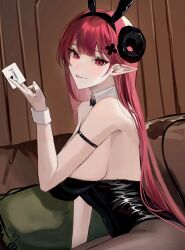  animal_ear_hairband animal_ears arm_strap azur_lane black_bow black_bowtie black_horns black_leotard bow bowtie breasts card clover_hair_ornament commentary_request curled_horns demon_girl demon_horns detached_collar dokamero_ya fake_animal_ears female forward-facing_horns hair_ornament hairband highres hindenburg_(azur_lane) hindenburg_(delirious_duel)_(azur_lane) holding holding_card horns huge_breasts leotard long_hair looking_at_viewer official_alternate_costume playboy_bunny playing_card pointy_ears rabbit_ear_hairband rabbit_ears red_eyes red_hair sideboob solo tongue tongue_out traditional_bowtie upper_body 