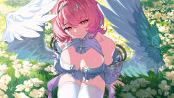  absurdres breasts chinese_commentary cleavage commentary_request dress female field flower flower_field grass highres large_breasts looking_at_viewer medium_hair on_ground outdoors pink_hair purple_eyes remielle_dan sitting smile solo tang_ke thighhighs thighs white_dress white_thighhighs white_wings wings zenless_zone_zero 