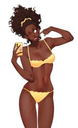  absurdres bra breasts brown_hair commentary dark-skinned_female dark_skin female highres holding holding_phone navel original panties phone ponytail samarieous simple_background smile solo taking_picture tongue tongue_out underwear white_background yellow_bra yellow_panties 