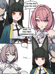  1boy 2girls absurdres animal_ears bare_shoulders black_hair black_necktie blush breasts closed_mouth commentary dorahdew dress english_commentary english_text fox_ears fox_girl green_jacket highres hoshimi_miyabi insult jacket large_breasts long_hair looking_at_viewer medium_breasts multiple_girls necktie open_clothes open_jacket open_mouth purple_eyes red_eyes remielle_dan shirt short_hair speech_bubble white_dress white_shirt wise_(zenless_zone_zero) zenless_zone_zero 