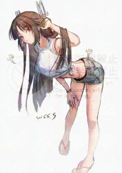  alternate_costume artist_logo breasts brown_hair commentary_request female full_body grey_shorts hair_ribbon hand_on_own_hip hiyou_(kancolle) kantai_collection logo long_hair looking_at_viewer medium_breasts midriff red_eyes ribbon sandals shikigami shirt shorts simple_background solo t-shirt tied_shirt watermark white_background white_shirt wss_(nicoseiga19993411) 