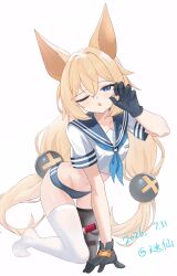  absurdres animal_ears asymmetrical_legwear blonde_hair blue_buruma blue_eyes blue_sailor_collar buruma crop_top dated faelynn_(girls'_frontline_2) faelynn_(sunkissed_shimmer)_(girls'_frontline_2) female fox_ears fox_girl g41_(girls'_frontline) girls'_frontline girls'_frontline_2:_exilium hair_between_eyes hair_ornament highres long_hair looking_at_viewer mismatched_legwear mixian one_eye_closed sailor_collar shirt signature solo sphere_hair_ornament thighhighs twintails very_long_hair white_background white_shirt white_thighhighs 