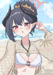  bikini black_hair black_horns blue_archive breasts brown_shrug chiaki_(blue_archive) chiaki_(swimsuit)_(blue_archive) cleavage collarbone commentary_request curved_horns demon_girl demon_horns female fishnet_shrug halo highres horns kamiyamatokino large_breasts long_hair looking_at_viewer o-ring o-ring_bikini official_alternate_costume official_alternate_hairstyle open_mouth pointy_ears red_eyes red_halo see-through_clothes see-through_shrug selfie shrug_(clothing) solo swimsuit upper_body white_bikini 