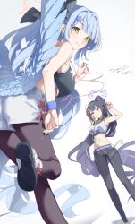  2girls absurdres ass black_hair black_leggings blue_archive blue_hair blue_wings blush breasts commentary_request earbuds earphones feathered_wings flower green_eyes hair_flower hair_ornament halo hat highres large_breasts leggings long_hair mine_(blue_archive) multiple_girls navel pants pointy_ears ponytail purple_eyes shoes shorts sneakers sports_bra sumire_(blue_archive) tamagore very_long_hair white_sports_bra wings yoga_pants 