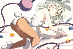  alternate_costume ass blush brown_pantyhose bunny_day closed_mouth commentary_request dise_(psychoro) disembodied_linked_eye eyeball female green_eyes green_hair high_heels highres komeiji_koishi leotard long_hair looking_at_viewer one_eye_closed pantyhose playboy_bunny shoes smile solo strapless strapless_leotard touhou white_leotard white_shoes white_wrist_cuffs wrist_cuffs 