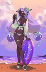  alternate_costume beach bikini blush breasts can cleavage cloud cloudy_sky crop_top dark-skinned_female dark_skin drink drink_can earrings evening female flower front-tie_top full_body hair_flower hair_ornament headscarf heart highres holding holding_can holding_drink jacinthe_(pokemon) jewelry large_breasts long_hair long_sleeves looking_at_viewer low_drills navel one_eye_closed open_clothes open_mouth open_shirt outdoors platform_sandals pokemon pokemon_legends:_z-a purple_eyes purple_hair raliciel sandals sky smile solo sphere_earrings standing swimsuit teeth thighlet upper_teeth_only very_dark_skin water 