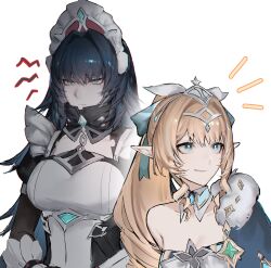  1nuyaki 2girls absurdres aqua_eyes blonde_hair breasts closed_mouth commentary danica_(genshin_impact) english_commentary genshin_impact highres large_breasts long_hair multiple_girls parted_lips pointy_ears simple_background single_bare_shoulder smile upper_body vesna_(genshin_impact) white_background 