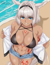  abs absurdres animal_ears bare_shoulders bikini black_bikini blue_eyes blue_shorts body_markings breasts caenis_(fate) caenis_(unofficial_casual_wear)_(fate) cleavage commentary dark-skinned_female dark_skin fate/grand_order fate_(series) female grin hair_intakes hairband highres jacket justcuyo large_breasts long_hair long_sleeves looking_at_viewer navel off_shoulder open_clothes open_jacket shore short_shorts shorts smile solo swimsuit thighs toned toned_female very_long_hair white_hair white_jacket 