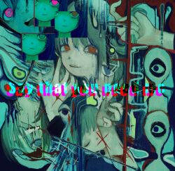  absurdres blood blue_eyes commentary_request english_text green_hair highres holding_another's_hair kapura long_hair looking_at_viewer multiple_girls multiple_views original purple_eyes red_eyes tears 
