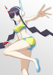  absurdres bike_shorts black_hair blue_eyes blue_shoes blunt_bangs buckle closed_mouth commentary elesa_(pokemon) female green_eyes grey_background headphones highres holding holding_poke_ball jan0t0 multicolored_nails nail_polish poke_ball poke_ball_(basic) pokemon pokemon_black_2_and_white_2 red_nails shoes sidelocks smile solo sports_bra spread_fingers 