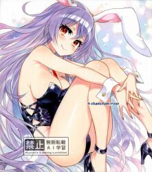 alternate_costume animal_ears bare_legs between_breasts black_leotard black_shoes breasts bunny_day censored chacham cleavage closed_mouth clothes_between_breasts commentary_request detached_collar female fetal_position fingernails high_heels large_breasts leotard long_hair looking_at_viewer nail_polish necktie necktie_between_breasts playboy_bunny purple_hair purple_nails rabbit_ears rabbit_girl rabbit_tail red_eyes red_necktie reisen_udongein_inaba shoes short_necktie sideboob simple_background smile solo tail thighs touhou traditional_media twitter_username very_long_hair watermark white_background white_wrist_cuffs wrist_cuffs 