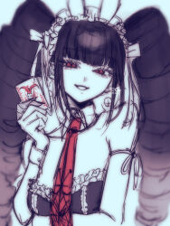  absurdres arm_under_breasts bare_shoulders black_hair card celestia_ludenberg commentary_request danganronpa:_trigger_happy_havoc danganronpa_(series) detached_collar drill_hair female frills gothic_lolita highres holding holding_card lolita_fashion long_hair looking_at_viewer necktie nelt playboy_bunny playing_card red_eyes smile solo teeth twin_drills twintails 