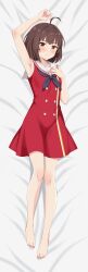  absurdres ahoge arm_above_head armpits bare_legs barefoot black_neckerchief blush brown_hair clenched_hand commentary dakimakura_(medium) dress feet female from_above full_body grow_up_show:_himawari_no_circus-dan hand_on_own_chest highres kiniro_tofu looking_at_viewer lying neckerchief on_back orange_eyes red_dress solo toenails toes tsurumaki_mizuka 