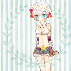  belt belt_buckle belt_pouch bikini bikini_top_only blue_background blue_eyes blue_shorts blush bow breasts brown_belt buckle cleavage closed_mouth commentary_request cowboy_shot dormir_(challco) expressionless female hairbow looking_at_viewer medium_breasts midriff navel pouch ragnarok_online red_bow sheep_hat short_hair short_shorts shorts solo star_(symbol) striped_background swimsuit white_bikini whitesmith_(ragnarok_online) 