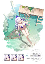  absurdres azur_lane bikini breasts cleavage commentary_request female hair_over_one_eye hammock highres large_breasts long_hair looking_at_viewer mei-0 multicolored_hair o-ring o-ring_bikini official_alternate_costume outdoors purple_bikini purple_eyes purple_streaks solo streaked_hair swimsuit untied_bikini_top unzen_(azur_lane) unzen_(sojourn_through_clear_seas)_(azur_lane) very_long_hair white_hair 