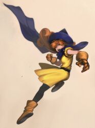  alena_(dq4) armpit_peek belt black_belt black_pantyhose blood blood_on_clothes blood_on_dress blood_on_gloves blue_cape blue_hat boots breasts cape clenched_hand commentary_request curly_hair dragon_quest dragon_quest_iv dress female floating_cape floating_hair from_side full_body gloves grey_background hat highres jun_(navigavi) long_hair looking_to_the_side medium_breasts nose open_mouth orange_boots orange_gloves orange_hair pantyhose red_eyes short_sleeves simple_background solo teeth upper_teeth_only witch_hat yellow_dress 
