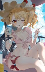  :p ;p alternate_costume beach_umbrella bikini blonde_hair blue_sky blush breasts cloud colored_tongue commentary_request crystal crystal_wings day female flandre_scarlet food gotoh_(nekocat) hair_ornament hat highres holding holding_spoon looking_at_viewer navel one_eye_closed one_side_up pink_bikini pointy_ears red_nails shaved_ice sitting skindentation sky small_breasts solo spoon stomach straw_hat swimsuit thigh_strap thighs tongue tongue_out touhou umbrella watermark watermark_grid wings x_hair_ornament 