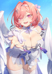  absurdres blue_sky blush breasts cleavage commentary_request dress female hair_intakes highres large_breasts ling_huanxiang looking_at_viewer medium_hair mole mole_on_breast open_mouth outstretched_arm pink_hair purple_eyes reaching reaching_towards_viewer remielle_dan short_dress sky smile solo thighhighs thighs white_dress white_thighhighs white_wings wings zenless_zone_zero 