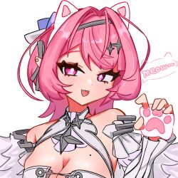  animal_ear_hairband animal_ears bare_shoulders blush breasts cat_ear_hairband cat_ears commentary_request detached_sleeves dress fake_animal_ears female hair_intakes hair_ornament hairband hairclip hand_up highres large_breasts looking_at_viewer medium_hair mole mole_on_breast open_mouth pink_hair pointy_ears purple_eyes rami_(rmtt588) remielle_dan simple_background solo upper_body white_background white_dress white_wings wings zenless_zone_zero 