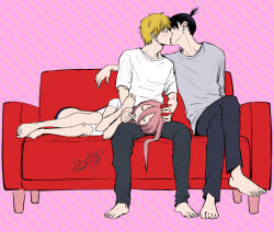 2boys black_hair blonde_hair chainsaw_man closed_eyes commentary_request couch dated denji_(chainsaw_man) diagonal-striped_background drooling female french_kiss half-closed_eyes hayakawa_aki horns kissing lap_pillow makio1313 mouth_drool multiple_boys pink_hair power_(chainsaw_man) red_horns signature sleeping striped_background topknot yaoi 