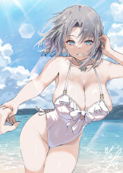  absurdres beach blue_eyes breasts choker collarbone commentary_request covered_navel cowboy_shot dated day female grey_hair grin highres holding_hands large_breasts looking_at_viewer one-piece_swimsuit out_of_frame outdoors pov pov_hands senran_kagura short_hair signature smile snowflake_choker solo_focus swimsuit takumi_munato thigh_gap white_one-piece_swimsuit yumi_(senran_kagura) 