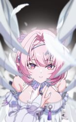  absurdres bare_shoulders blush breasts bridal_gauntlets cleavage commentary_request detached_sleeves dress falling_feathers feathered_wings feathers female gyingyi hair_intakes hair_ornament hand_on_own_chest highres large_breasts looking_at_viewer medium_hair multicolored_eyes pink_eyes pink_hair pointy_ears purple_nails remielle_dan smile solo straight-on two-tone_eyes upper_body white_dress white_feathers white_wings wings yellow_eyes zenless_zone_zero 