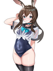  :d absurdres akmo_sama alternate_costume amiya_(arknights) animal_ears arknights arm_behind_back arm_up black_one-piece_swimsuit black_sailor_collar black_thighhighs blue_bow blue_bowtie blue_collar blush bow bowtie brown_hair chinese_commentary collar collarbone commentary covered_navel cowboy_shot crop_top female grin groin hair_between_eyes hand_in_own_hair highres long_hair looking_at_viewer one-piece_swimsuit sailor_collar shirt short_sleeves simple_background skindentation smile solo standing swimsuit thighhighs tied_shirt white_background white_shirt 