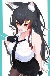  :d adjusting_clothes adjusting_necktie alternate_costume animal_ear_fluff animal_ears armpit_crease bare_arms bare_shoulders belt belt_buckle black_belt black_gloves black_hair black_necktie black_skirt breasts buckle buttons collared_shirt colored_tips commentary_request cosplay cowboy_shot dot_nose female gab_(gabgab_fa) gloves hair_between_eyes hair_ornament highres hololive hololive_indonesia large_breasts long_hair long_sidelocks loose_necktie multicolored_hair necktie ookami_mio open_mouth pantyhose pencil_skirt red_streaks shirt sidelocks skirt sleeveless smile solo streaked_hair sweatdrop tail very_long_hair vestia_zeta vestia_zeta_(businesswoman) vestia_zeta_(cosplay) virtual_youtuber white_hair white_shirt wolf_ears wolf_girl yellow_eyes 