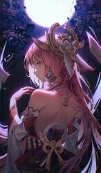  animal_ears armpit_crease artist_name back bare_shoulders breasts commentary dark detached_sleeves earrings female fox_ears from_behind genshin_impact headpiece highres jewelry long_hair looking_at_viewer looking_back making-of_available moon night nontraditional_miko outdoors pink_hair purple_eyes pyampom solo tree upper_body white_sleeves yae_miko 