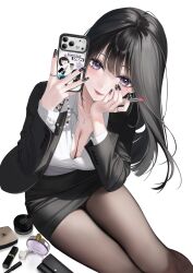  abab_xiaxia absurdres black_hair black_jacket black_nails black_pantyhose black_skirt blush bottle breasts cellphone cleavage closed_mouth collared_shirt commentary_request cosmetics female hand_on_own_cheek hand_on_own_face highres holding holding_lipstick_tube holding_phone jacket jewelry kurosawa_saemi_(abab_xiaxia) large_breasts lipstick_tube long_hair long_sleeves looking_at_viewer makeup miniskirt mole mole_under_eye necklace office_lady open_clothes open_jacket original panties panties_under_pantyhose pantyhose pantyshot pencil_skirt perfume_bottle phone purple_eyes ring shirt skirt smartphone smile underwear upskirt white_background white_shirt 